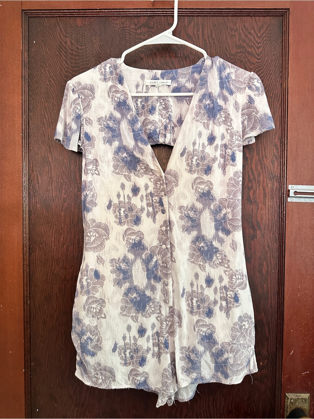 Honey Punch Blue and Gray Floral Button-Down Top